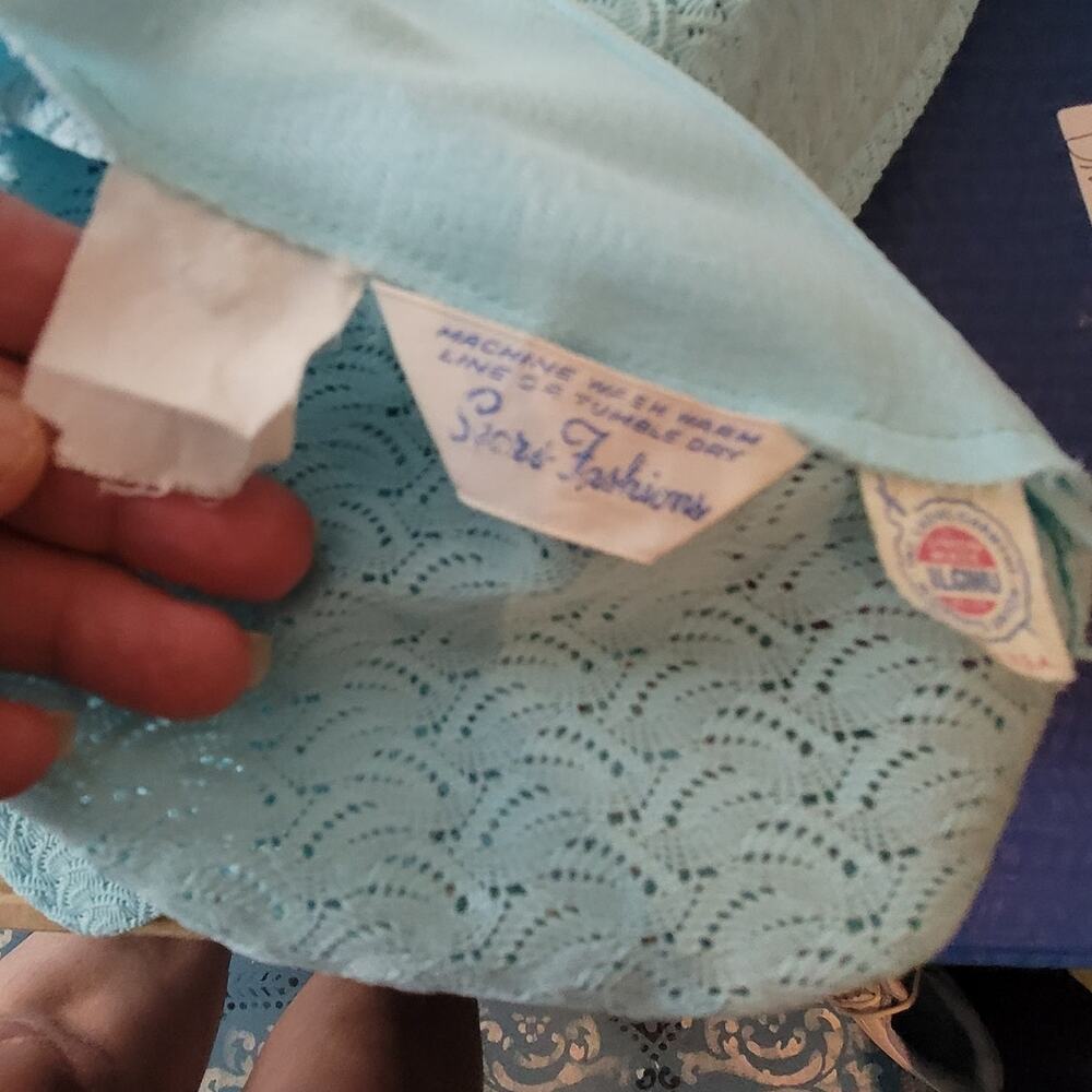 Vintage 70s Sears Blue Lace VNeck Maxi Dress Long Sleeve Mod Medium / Large Belt - Picture 6 of 9
